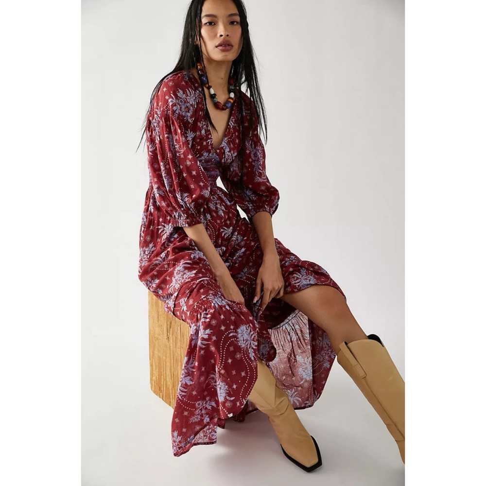 Free People Golden Hour ✨ floral maxi dress wine combo XS